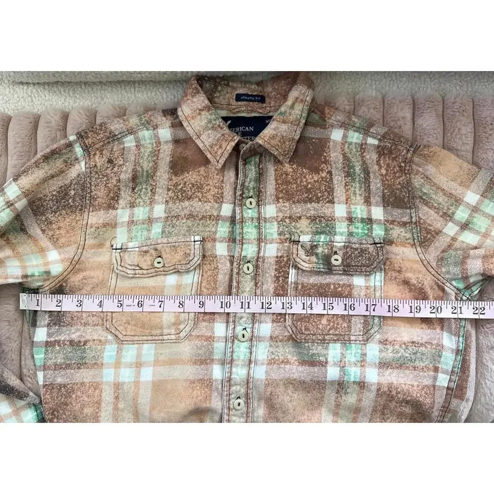Upcycled Distressed Flannel Brown and Beige Plaid Button-Up Shirt Size Medium - Picture 7 of 8
